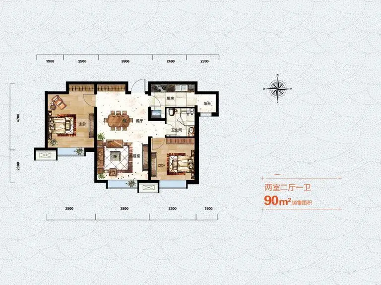 瑞地祥和府90平方户型现代简约风格效果图案例