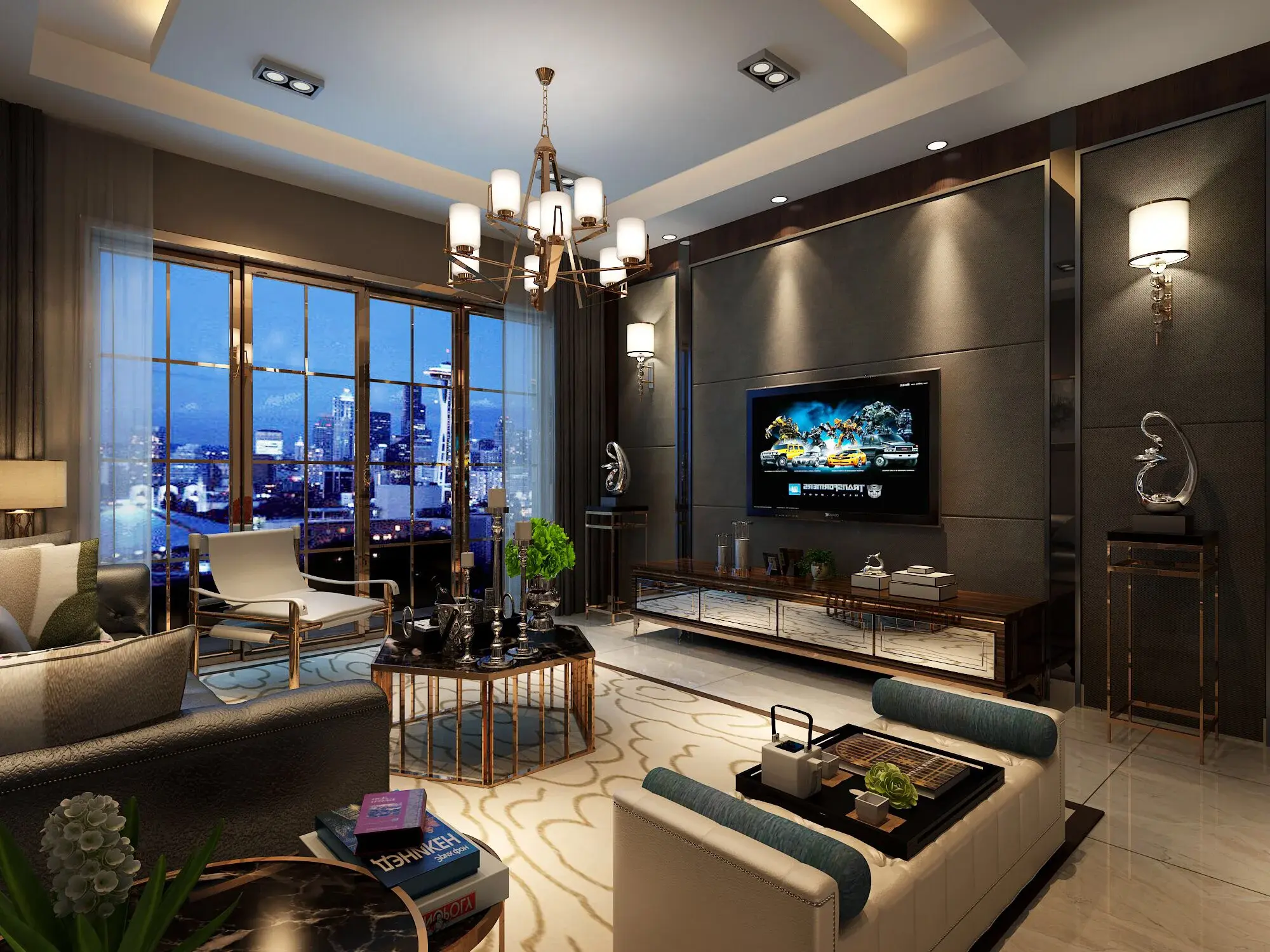 后现代风格被定义为深色调也是不完全的,本案根据业主要求,低调奢华的